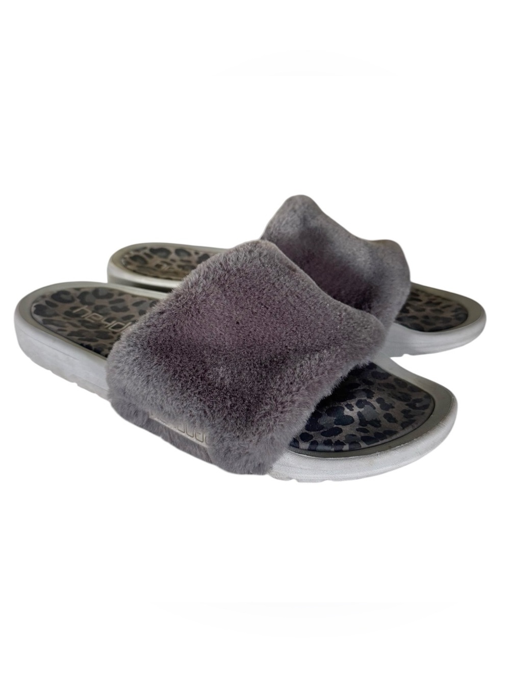 Hey Dude Peggy Gray Leopard slides size 7 casual comfort faux fur
